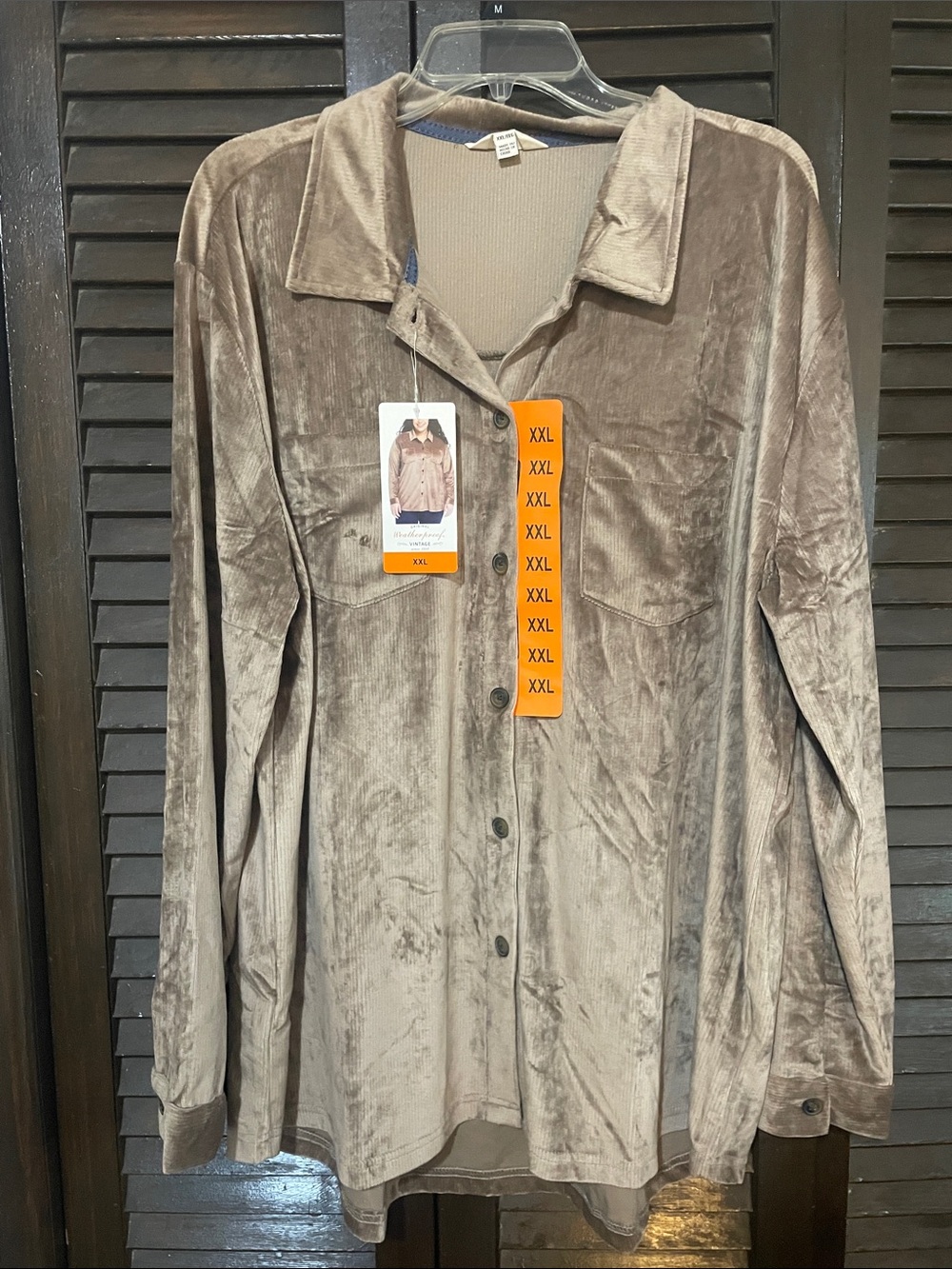 Velvet Button-Front Shirt Jacket in Taupe - Unbranded